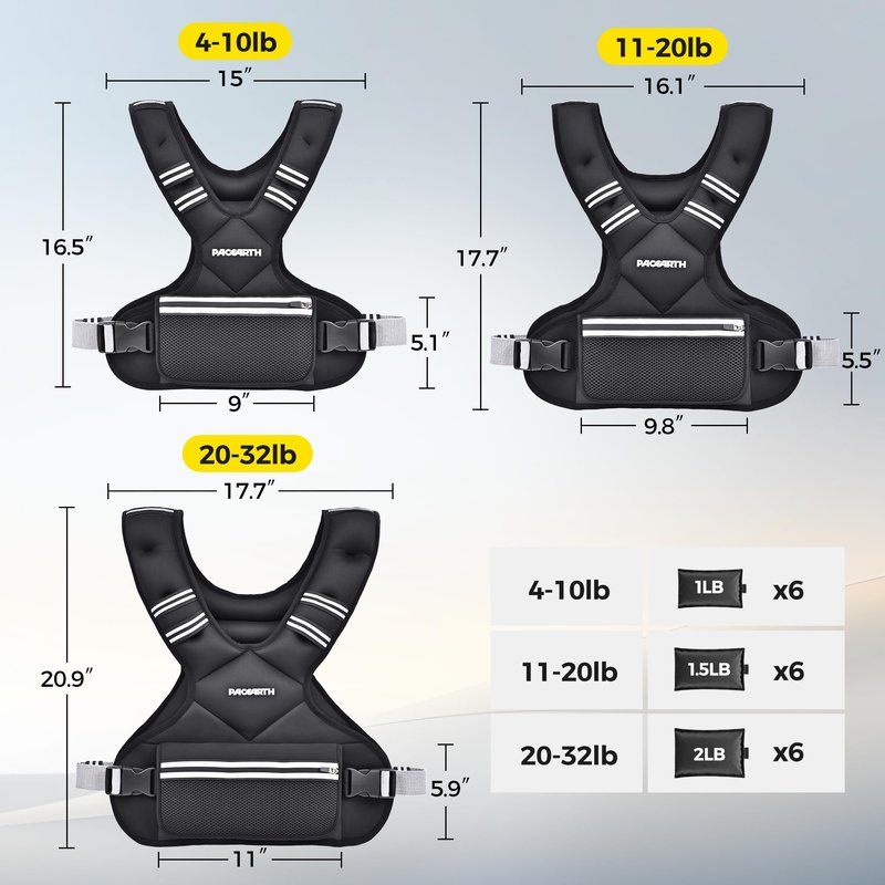 Adjustable Weighted Vest PACEARTH Ironsand Weight Vest with Six 1.5-lb Adjustable Weights, 11-20 lbs Total, Big Zipper Pouch, Home Workout Weight Vest for Men and Women in Cardio and Strength Training