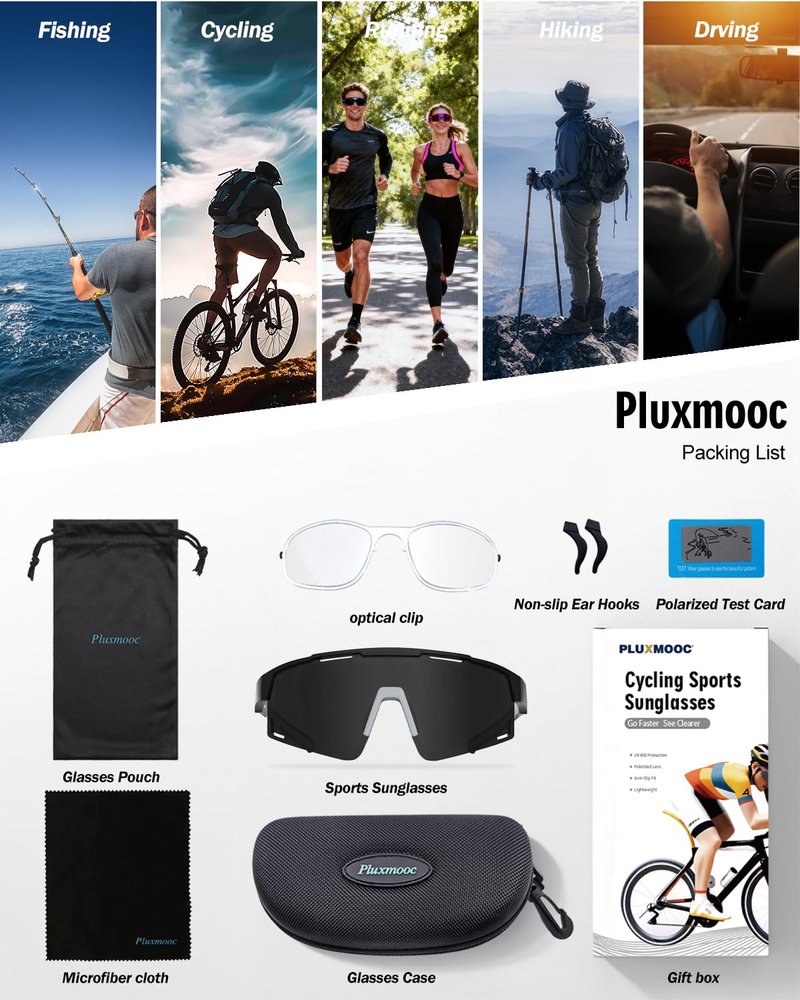 Pluxmooc Men's Polarized Sports Sunglasses, UV400 Wrap Around Cycling Glasses for Men, Anti-Fog Lightweight Sun Glasses for Running Fishing Baseball Softball Bike (Black)