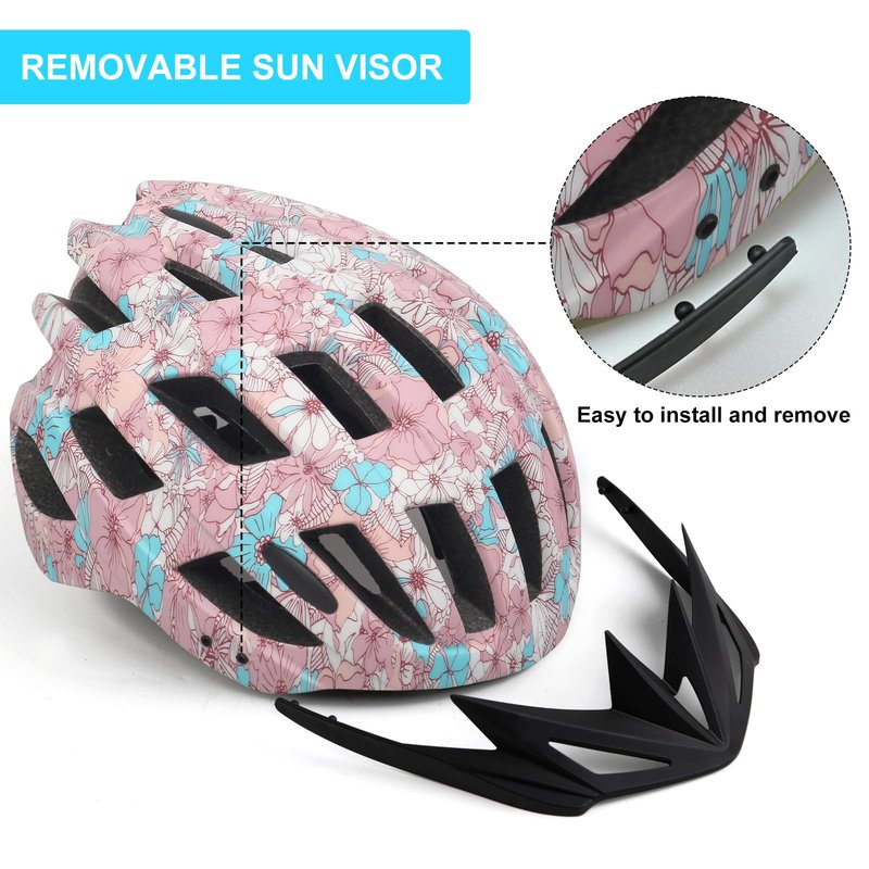 Adult Bike Helmets, Adjustable Mens Womens Bicycle Helmet, Lightweight Road Mountain Cycling Safety Sports Helmets with Detachable Visor Pink Flower L