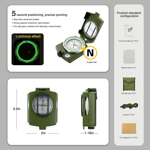 American Style Professional Military Compass, Metal with Lens Magnification - Waterproof, Shockproof & Night-Glow Dial for Outdoor, Camping, Hiking Survival Gear (Army Green)