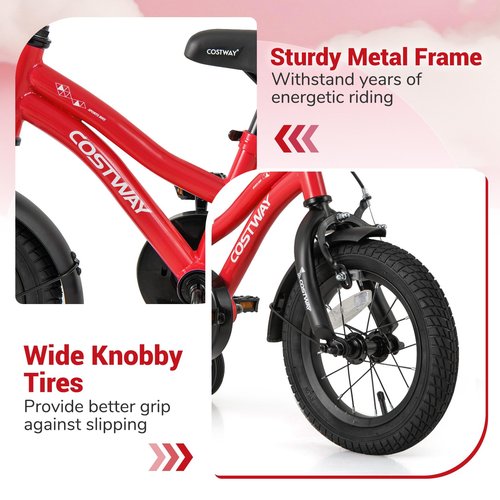 COSTWAY 12 Inch Kids Bike, Children Toddler Bicycle with Training Wheels, Adjustable Seat & Handlebar, Handbrake & Coaster Brake, Reflectors, Bell, Suitable for 3-8 Years Old Boys Girls, Red