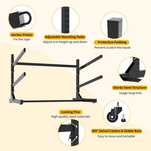 Reegangfa Freestanding Kayak Storage Rack, 2-Capacity Heavy Duty Metal Kayak Stand for Outdoor and Indoor, Adjustable Kayak Holder with Wheels, Canoe Rack for SUP, Sled, Paddle Board, Surfboard,Garage