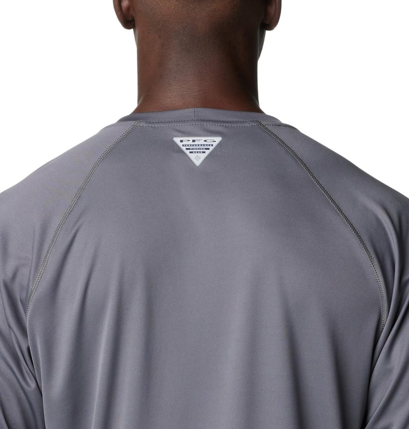 Columbia Men's Terminal Tackle Long Sleeve Fishing Shirt, City Grey/Tiki Pink Logo, Large