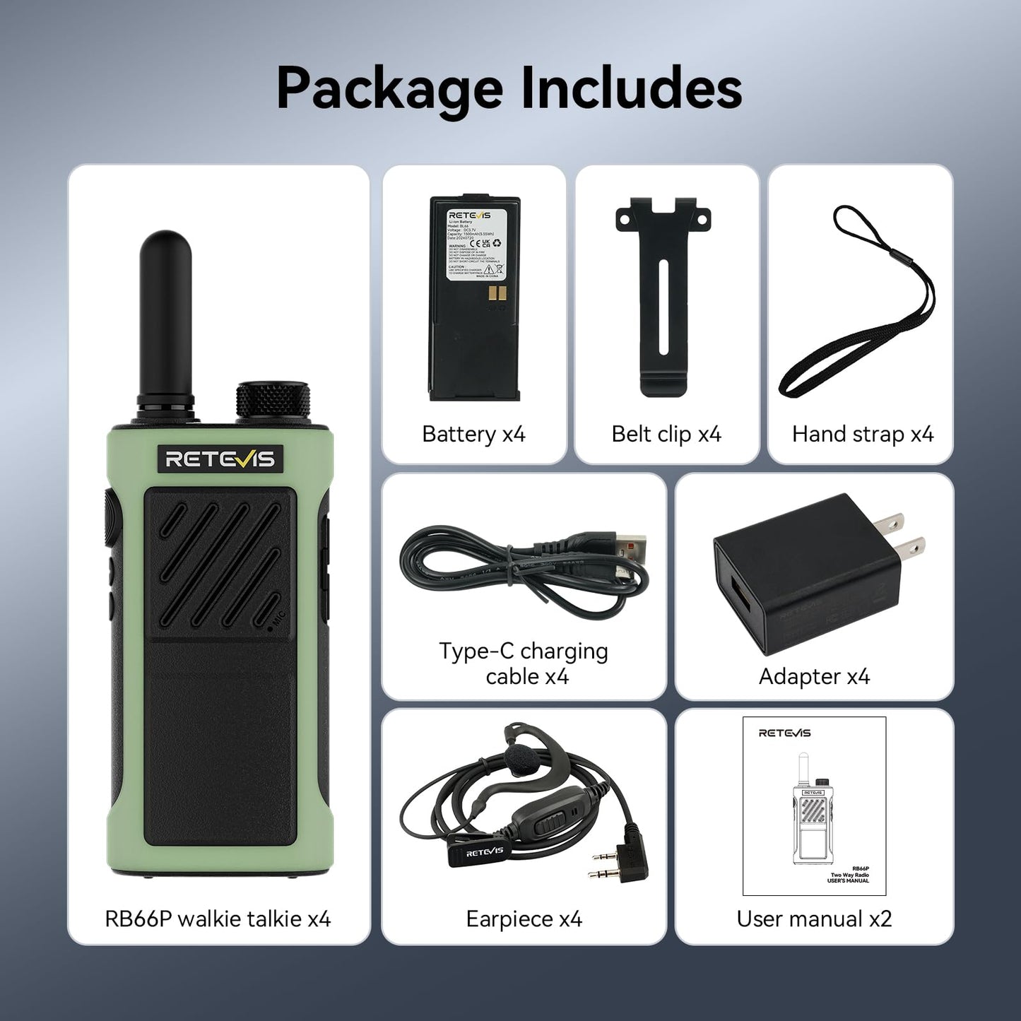 Retevis RB66P Walkie Talkies for Adult, Fast Charging, Flashlight, Walkie Talkies with Earpiece, 1500mAh, USB-C, Fluorescent Design, Portable FRS Two Way Radios for Work Camping Hiking(4 Pack)