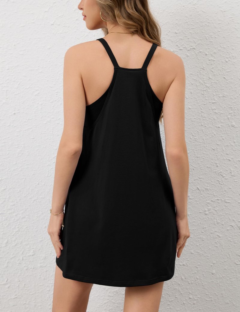 Faleave Women's Summer Sleeveless Mini Athletic Dress Built-in Shorts Square Neck Spaghetti Straps Sundress with Pockets(Black-M)
