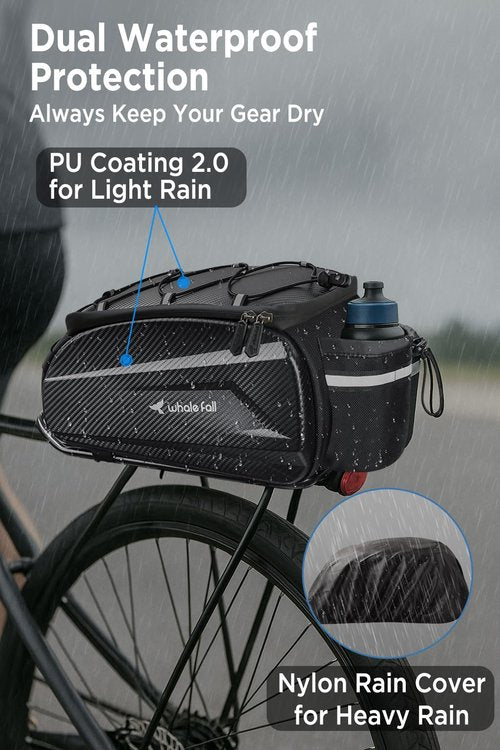 whale fall 10L Bike Rack Bag – Hard-Shell Waterproof Rear Trunk Pannier with Rain Cover, 4-Side Reflective Panels, Velcro Mount, Fits Road, MTB, Commuter & E-Bikes