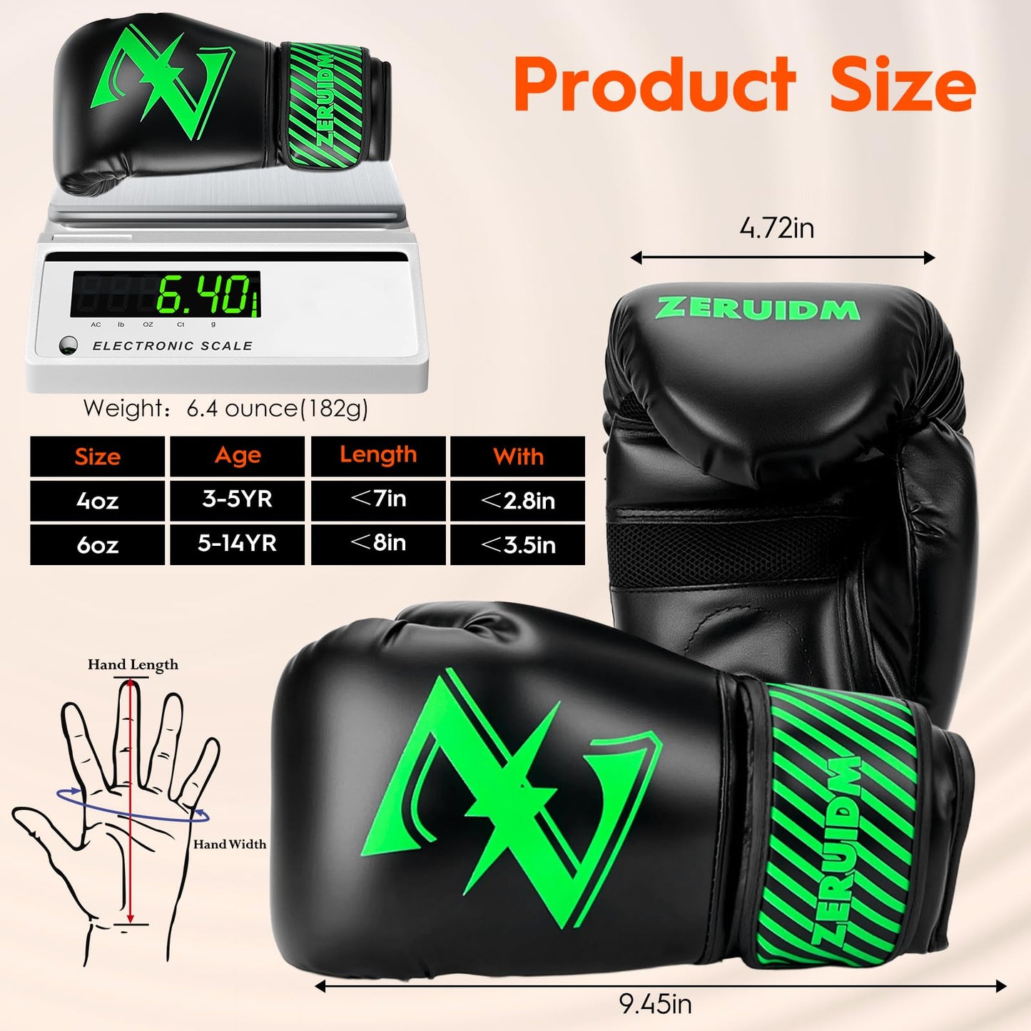Kids Boxing Gloves, 6oz Youth Punching Gloves for 3–14, One-Piece-Moulded, Boxing Training Sparring Glove for Kickboxing, Punch Bag, Muay Thai, MMA(Green)