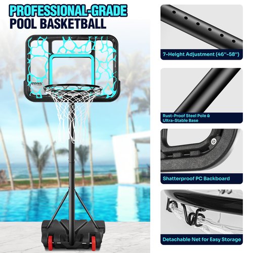 Pool Basketball Hoop Adjustable Swimming Pool Basketball - 7-Height Water Basketball Goals System with PC Shatterproof Backboard & 2 Balls, Outdoor Pool Accessories, Portable Basketball Hoop with LED