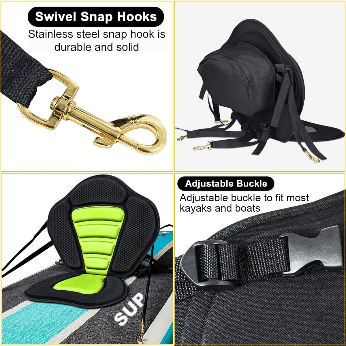 Kayak Seat Universal Padded Canoe Seat with High Back Support,Adjustable Straps & Detachable Storage Bag,Comfortable Backrest for Fishing Boats,Paddleboards,Kayaks & SUPs (Green)