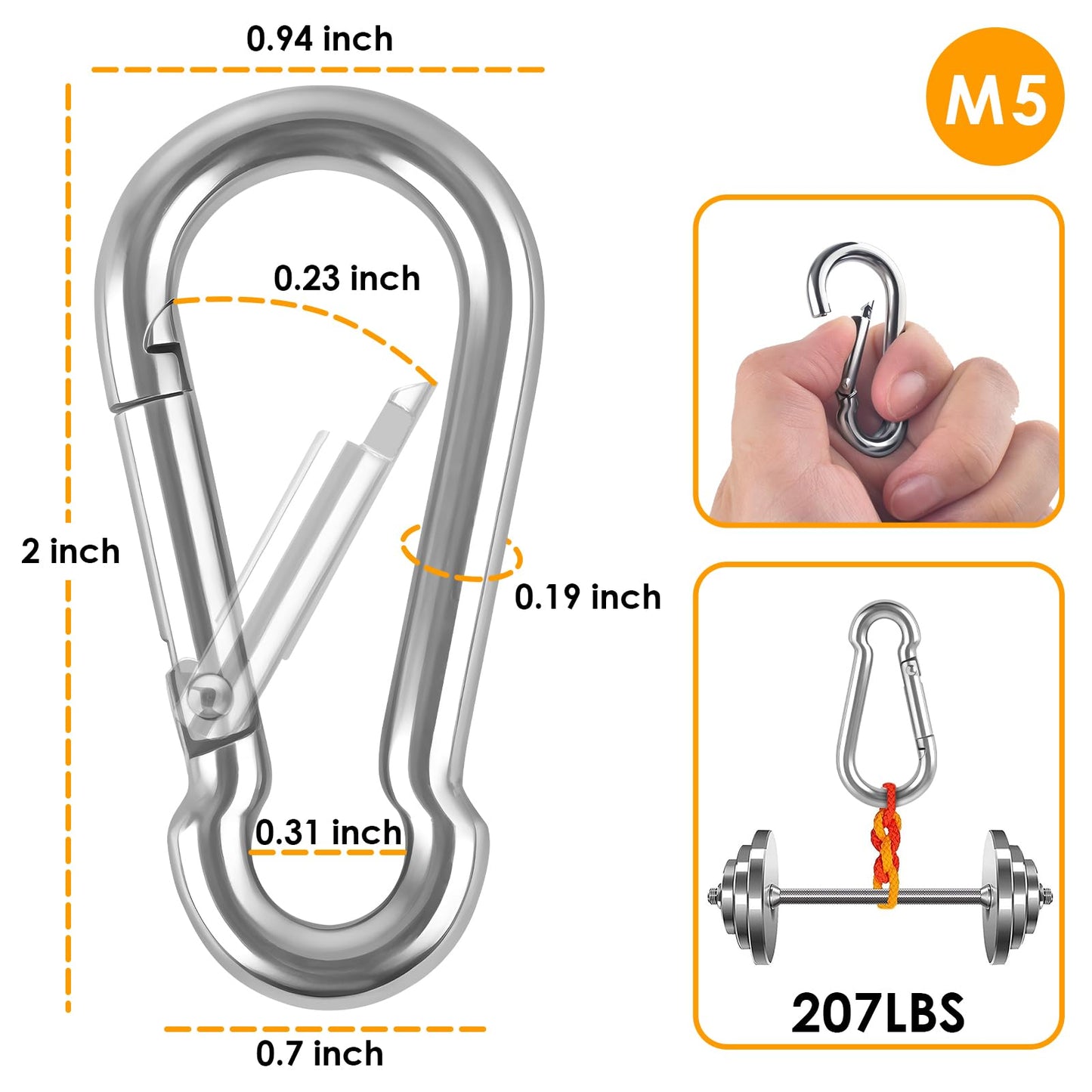 KATUMO 12PCS 2 inch Carabiner Clip, 304 Stainless Steel Spring Snap Hook, Small Metal Clips for Key Chain/Flag/Feeders/Dog Leash/Camping/Hiking/Fishing/Hanging (12)