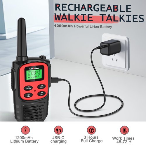 MaxTalker Walkie Talkies Long Range for Adult, MT10 Rechargeable Walkie Talkies FRS Two Way Radio, NOAA, 1200mAh Li-ion Battery USB-C Cable, LED Flashlight,VOX Walkie Talkie for Camping 2Pack (Red)
