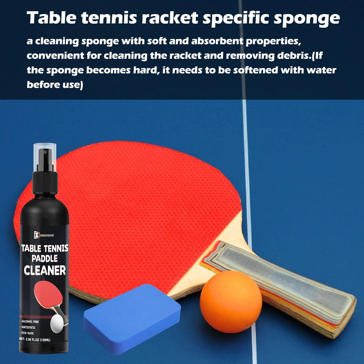 INNOVAYOU Table Tennis Racket Cleaner Kit, Table Tennis Cleaner 200ml with Sponge, Eliminate Dirt & Dust, Table Tennis Rubber Cleaner Helping Maintain The Tackiness of Make Rubber Last Much Longer