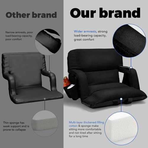 yeyeeyyee Wide Stadium Seats with Back Support, Exclusive Sofa Style Design Extra Thick Bleacher Chairs with Back and Cushion, 6 Reclining Positions - Ultimate Comfort for Sports Events (Black, 25")