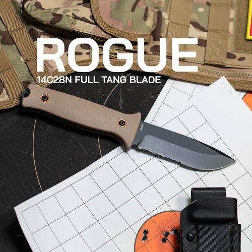 704 Gear Rogue Fixed Blade Knife | Serrated 4.5 inch 14C28N Steel Full Tang Blade, Textured G10 Handle, and Kydex Sheath with Carrying Clip | Black