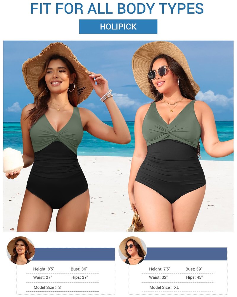 Holipick Green and Black Women Tummy Control One Piece Swimsuit - Push Up Bathing Suit Full Coverage Slimming Swimwear 20 Plus (US 20W)