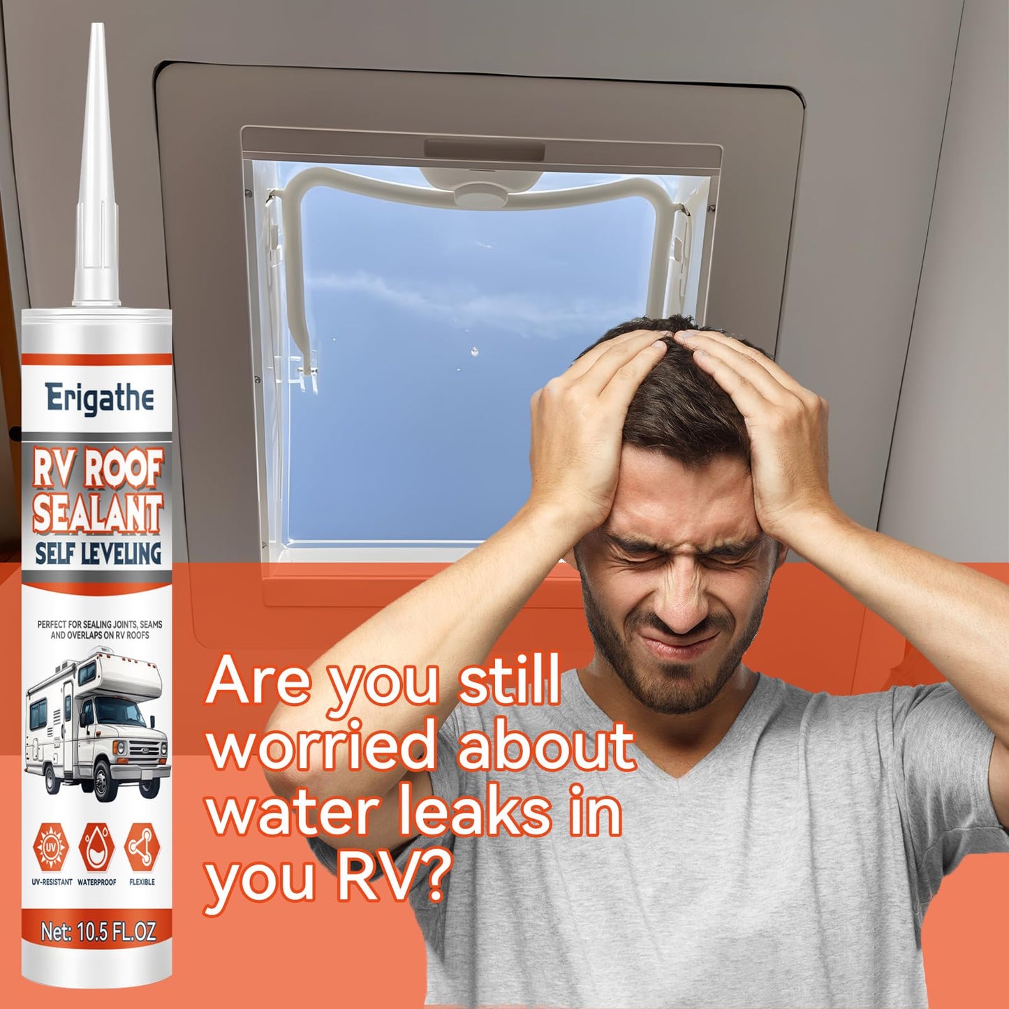 Erigathe Self-Leveling RV Roof Sealant, Lap Caulking for Camper & Trailer, Heavy-Duty Flex, Waterproof, 15 Min Set Time for Repairs (2-10.5 fl oz White)