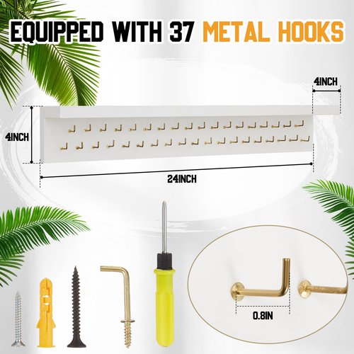 Threehoney Wooden Medal Holder Display Trophy Hanger Shelf with 25/37/49 Hooks for Wall Mount Ribbon Holder Gift for Gymnastics Running Soccer Awards(24 x 4 x 4 Inch,White Shelf Golden Hooks)