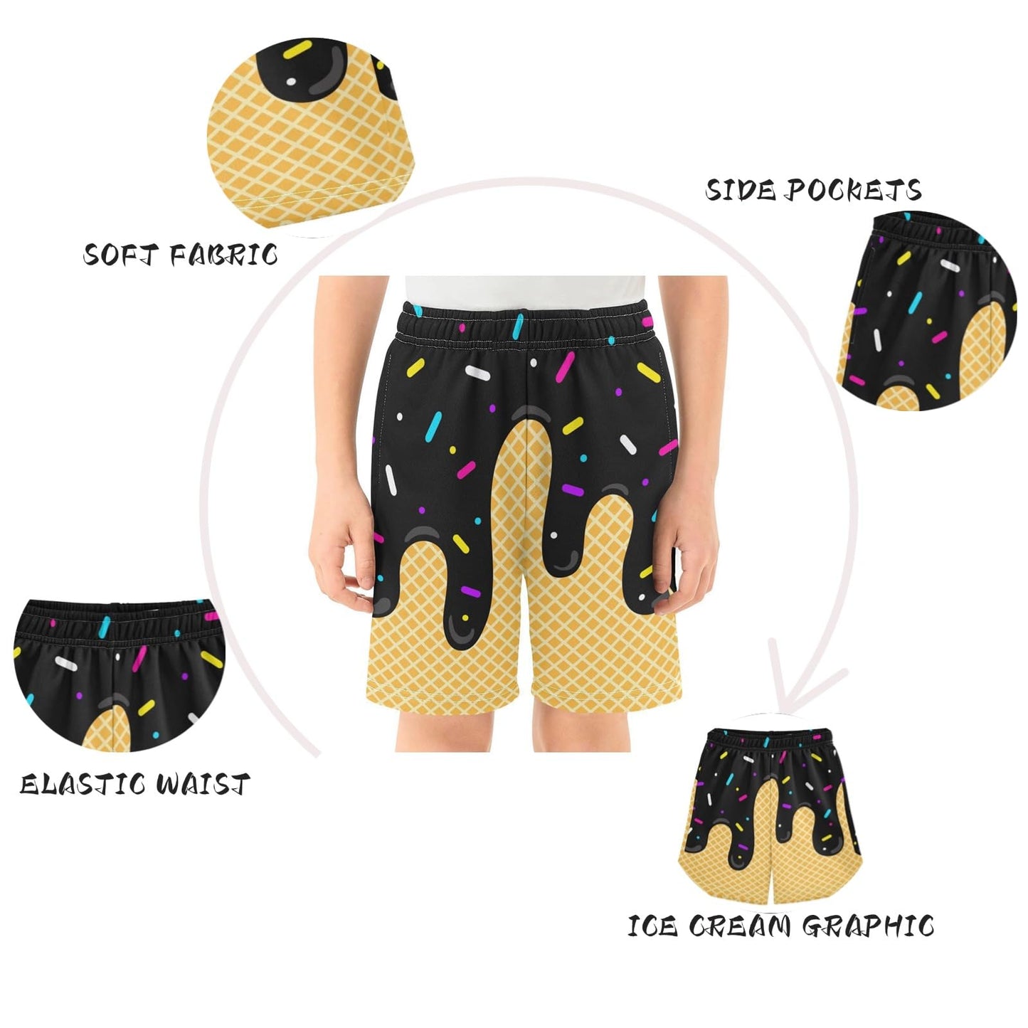Ice Cream Boys Casual Shorts Athletic Gym Drip Baseball Shorts Elastic Waist with Pockets, Summer Sports Outdoor Home Wear Black 11-12 Years