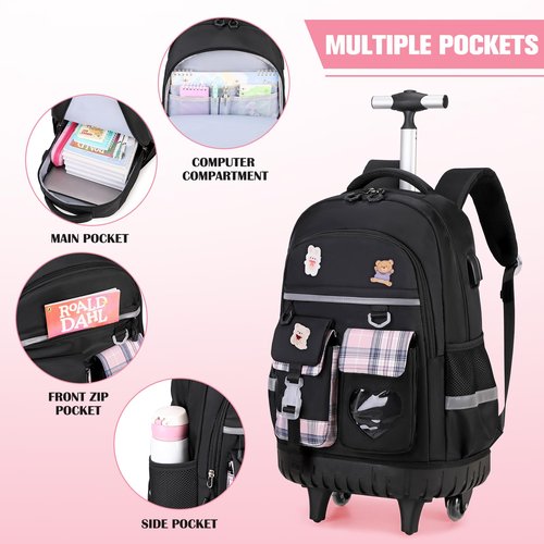 ACESAK Rolling Backpack for Girls - Roller Wheels School Bookbag with Lunch Bag & Pencil Pouch for Teen Girls Kids Wheeled Suitcase Backpacks, Elementary Middle School Travel Daypack (Black)