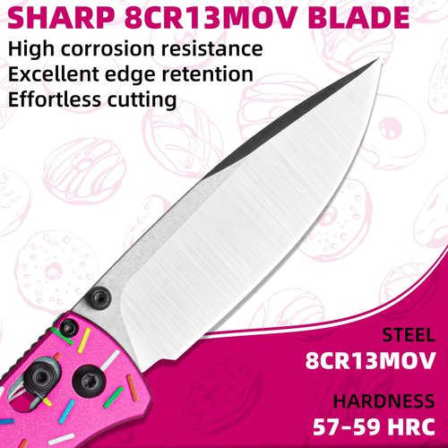 Donut Pocket Folding Knife for Women Men, D2 Steel Axis Lock Knife, Unique Donut Design Aluminum Handle Folding Knives with Reversible Pocket Clip