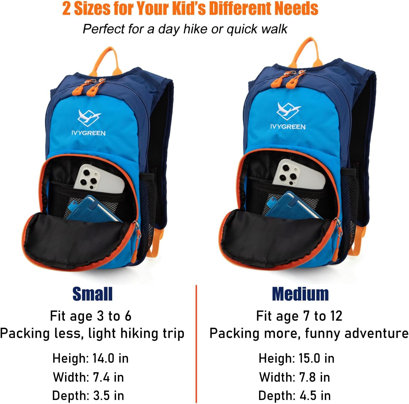 Ivygreen Kids Hydration Backpack, Hiking Backpack for Boys or Girls with 1.5L Water Bladder