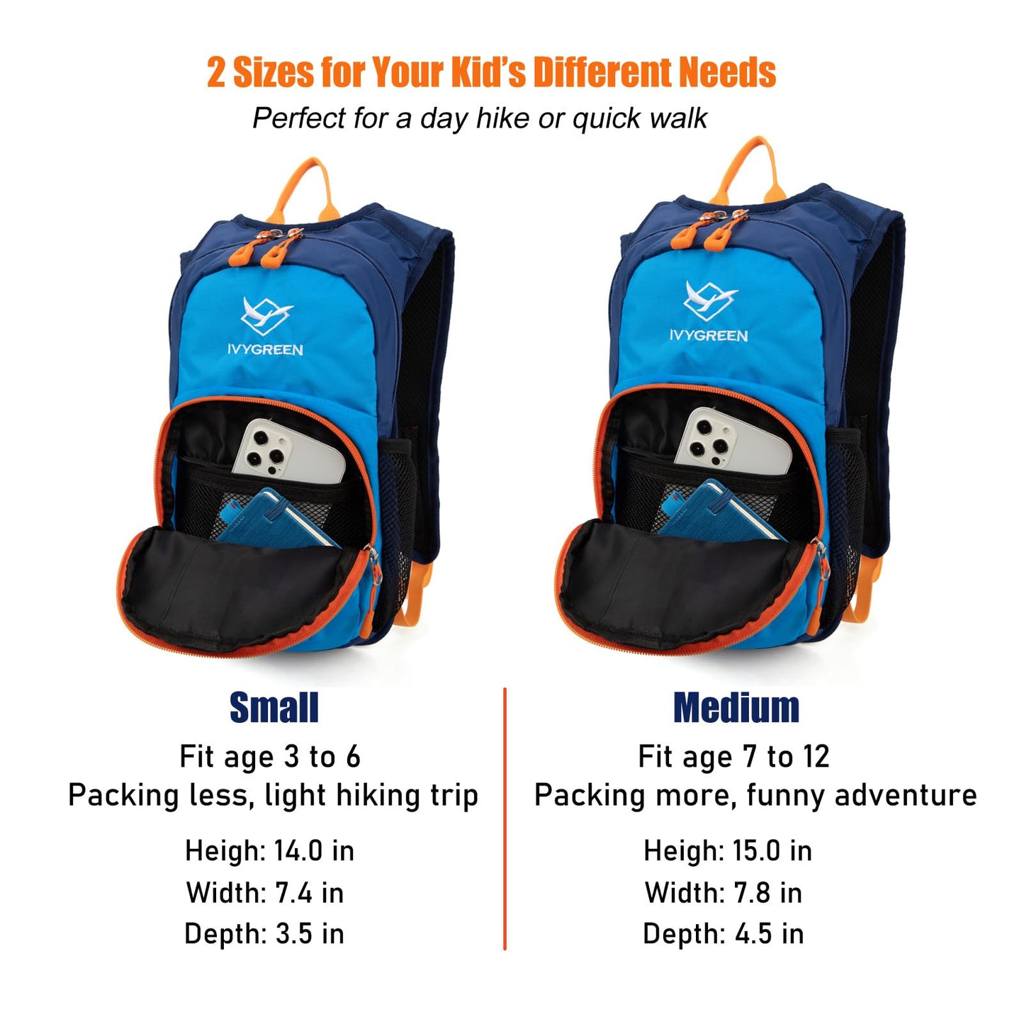 Ivygreen Kids Hydration Backpack, Hiking Backpack for Boys or Girls with 1.5L Water Bladder, Blue
