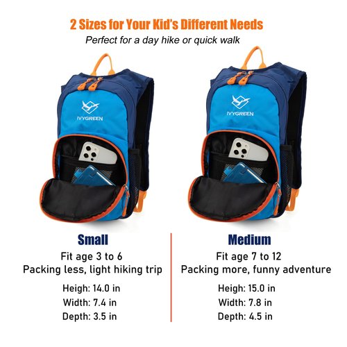 Ivygreen Kids Hydration Backpack, Hiking Backpack for Boys or Girls with 1.5L Water Bladder, Blue