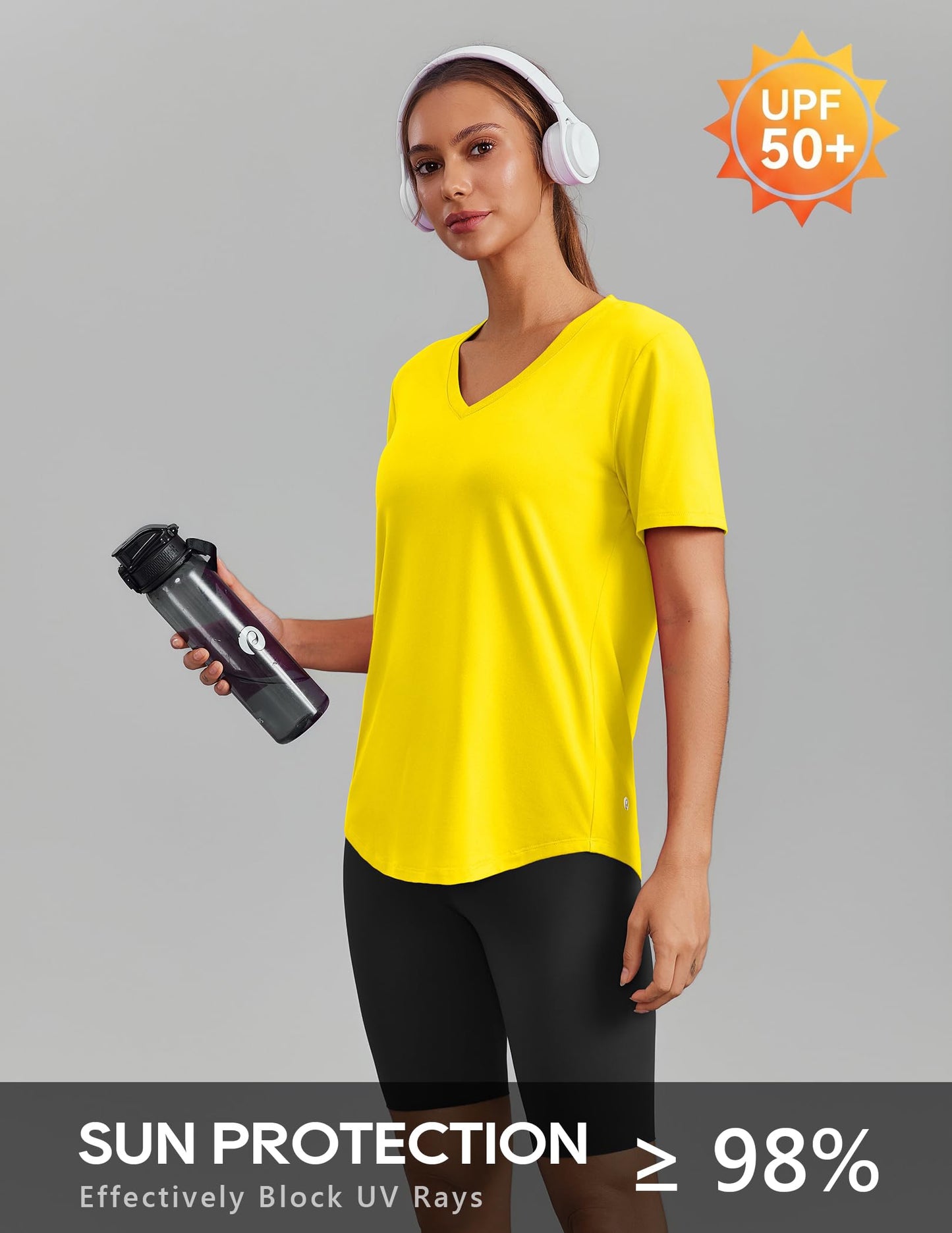 PINSPARK Womens Hiking Shirts Short Sleeve V Neck UPF 50 Sun Protection Moisture Wicking Quick Dry Outdoor Athletic Tops,Yellow X-Large