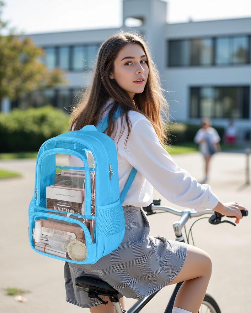 KIMNERPU Clear Backpack, Fabric & PVC Transparent Backpack with Reinforced Strap for Women Men, Heavy Duty Transparent Bookbag, Large Capacity Clear Bag, Travel, Security, Blue