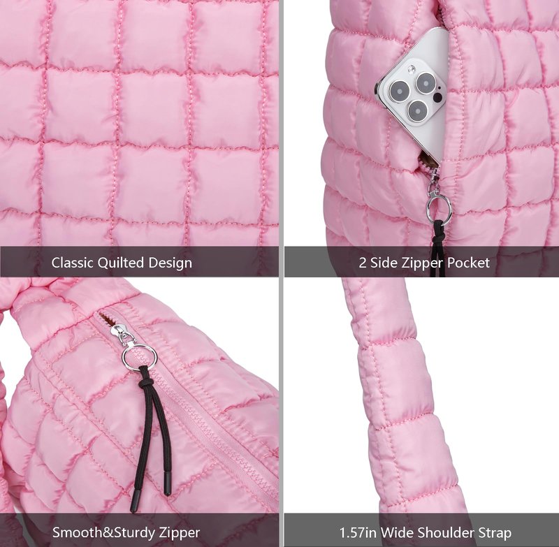 Quilted Puffer Tote Bag for Women Large Puffy Carryall Crossbody Shoulder Purse, Lightweight Travel Nylon Hobo Bag