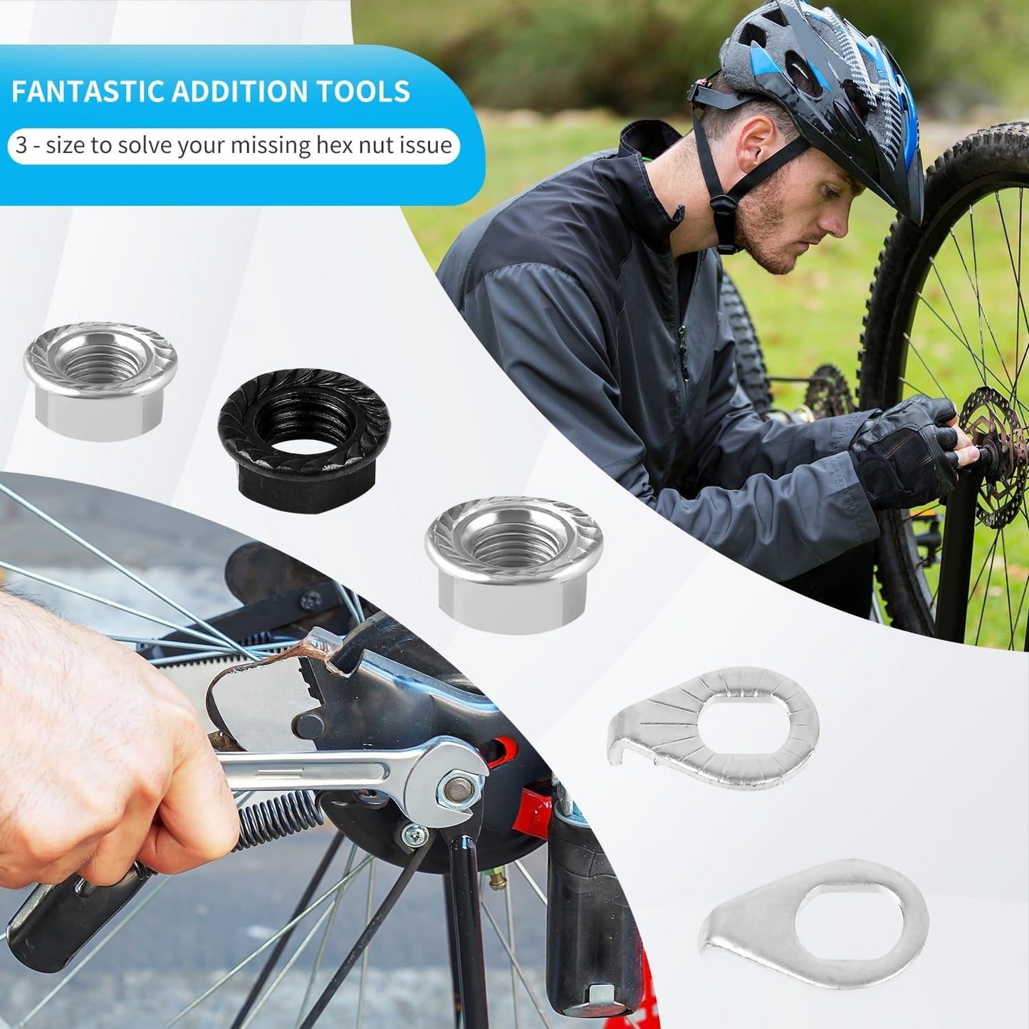 12PCS Bicycle Axle Nuts and Safety Washers, 3 Size M8 M9.5 M10 Bike Wheel Nuts Kit, Black Silver Bike Axle Nuts Washers for Front Rear Mountain Road Kid City Bike Wheel