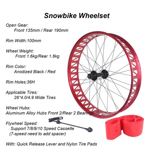 YaoLexia 26x4.0/4.9 Inch Snow Bike Wheelset 36 Hole Bearing Cassette Hub Aluminum Alloy Fat Tire Bike Front Rear Wheels Disc Brake Quick Release 135/190mm for 7-12 Speed Fat Bike(Black,Pair)