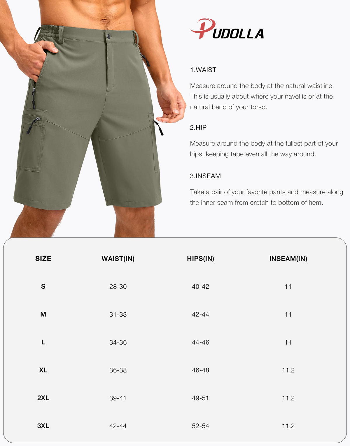 Pudolla Men's Hiking Shorts 11" Lightweight Cargo Work Shorts for Men Summer Travel Golf Casual Outdoor with 5 Pockets(Light Grey XX-Large)