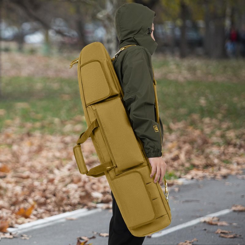 DULCE DOM Double Rifle Case, 38 42 44 inch Soft Gun Tactical Bag for Shooting Range, Movable Divider for 1 or 2 Gears, Multiple Magazine Pouches & Accessory Bags (Khaki, 42'')