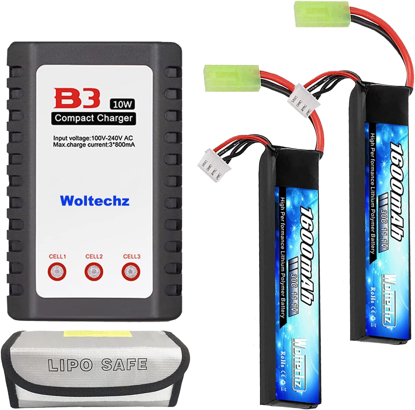 2Packs 11.1V Airsoft Battery 1600mAh 30C Rechargeable Lipo Battery 2S-3S Balance Charger/Lipo Safe Bag with Mini Tamiya Connector for Airsoft Guns Rifle