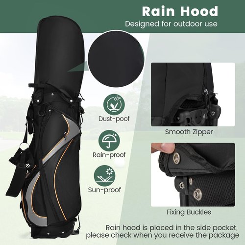 Tangkula Golf Stand Bag with 8 Way Top Dividers, Lightweight Golf Bag with Detachable Dual Strap & 7 Pockets, Rain Hood, Portable Golf Bag for Men & Women, Black