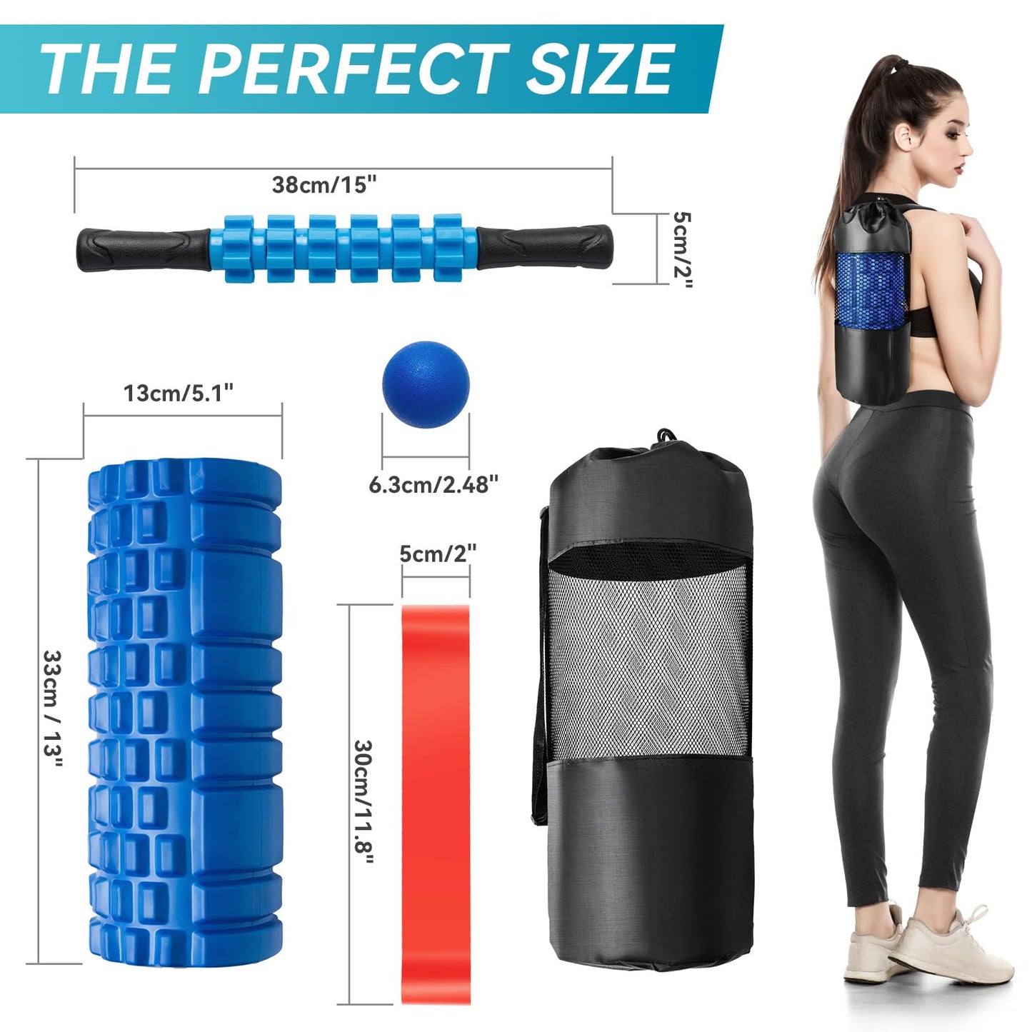 Krightlink 5 in 1 Foam Roller Set for Deep Tissue Muscle Massage, Trigger Point Fitness Exercise Roller, Massage Ball, Stretching Strap, Whole Body (Orange)