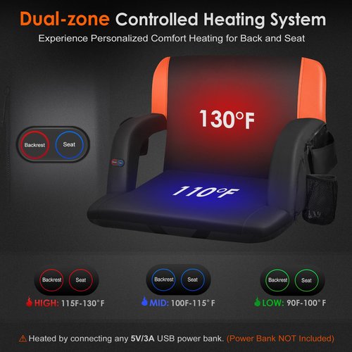 HOPERAN 23" 2pcs Dual-Sided Heated Stadium Seats for Bleachers with Back Support, 3 Levels Heating Bleacher Seat with Backs and Cushion Wide, 5 Pockets Portable Stadium Chair for Outdoor Games Sports