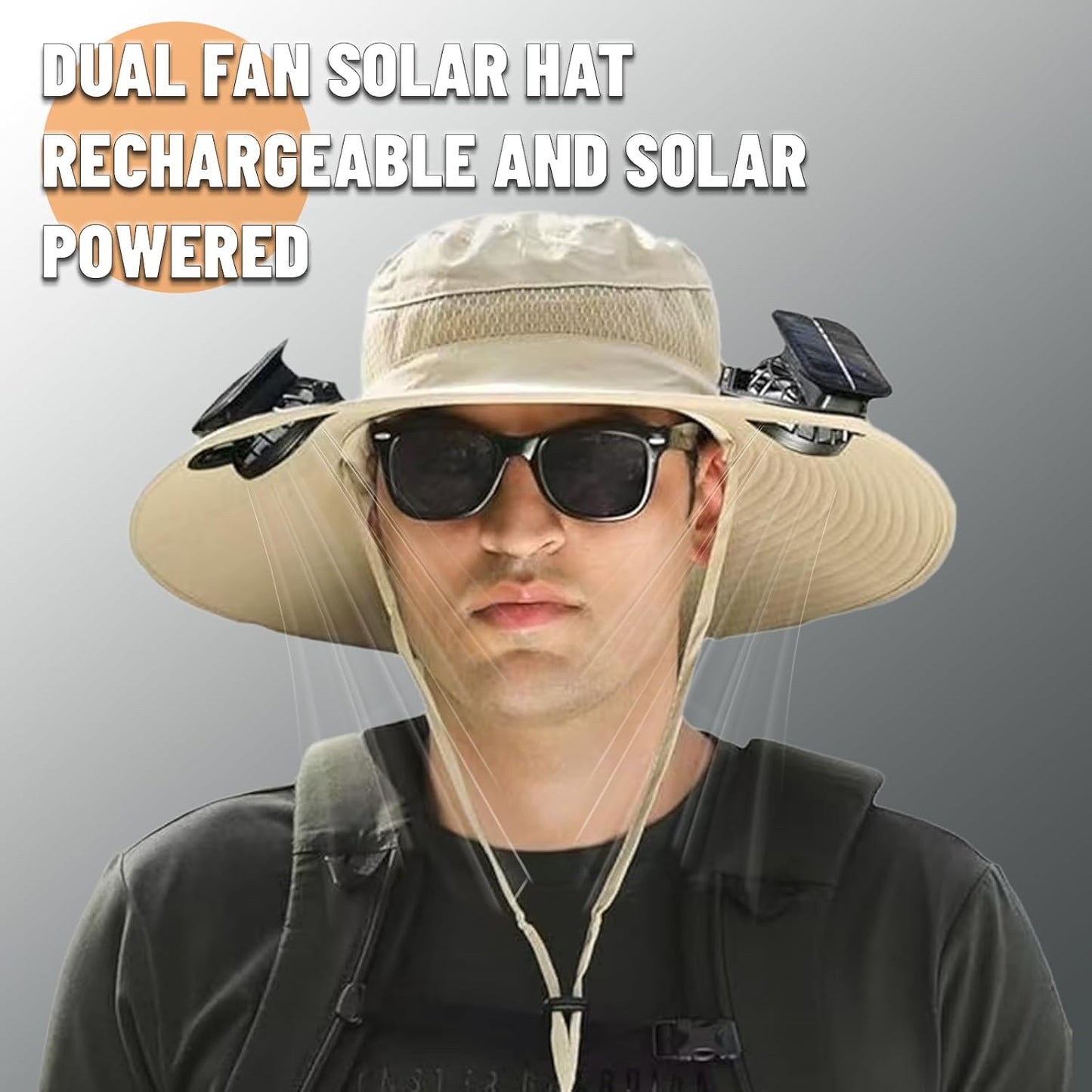 2025 Latest Model Hat with Fans Solar Power, Wide Brim Solar Fan Hats for Men and Women, USB & Solar Powered, UPF 50+ Fishing Hats (US, Alpha, One Size, Beige)