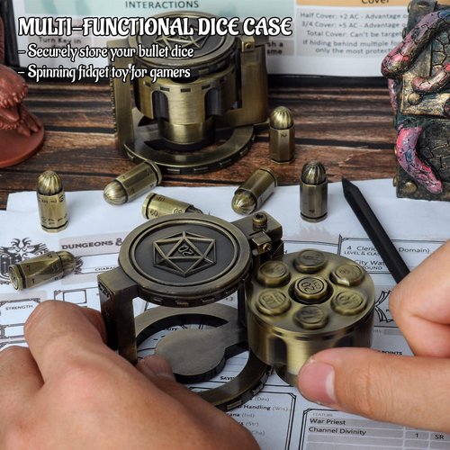 Metal Polyhedral Bullet Dice Set of 7 with Spinning Revolver Cylinder Container - Cyberpunk Style Dice for D&D, Sci-Fi, War, or Crime Theme Tabletop Games (Bronze)