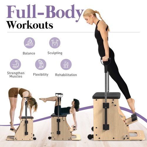 PAETA Pilates Chair,Pilates Combo Chair,Wunda Chair with Resistance Bands, Handles, and Split Pedals, Professional Yoga Chair Pilates Machine for Home and Studio Use, Extra Large