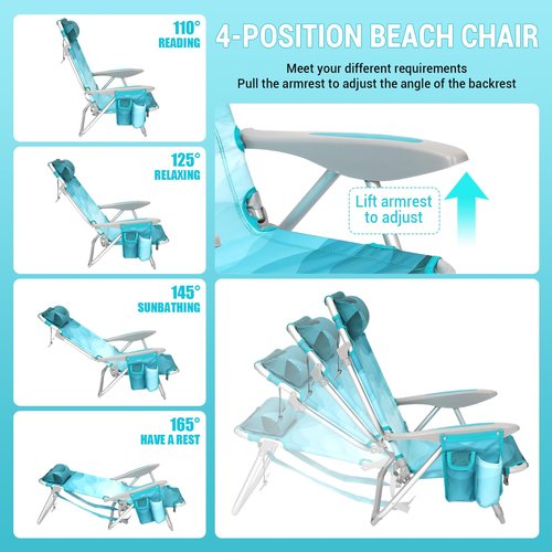 #WEJOY Lightweight Low Beach Chair for Adults, 4-Position Aluminum Folding Camping Chairs with Shoulder Strap, Cup Holder and Padded Headrest, Supports 265lbs for Lawn Outdoor,Cyanpattern