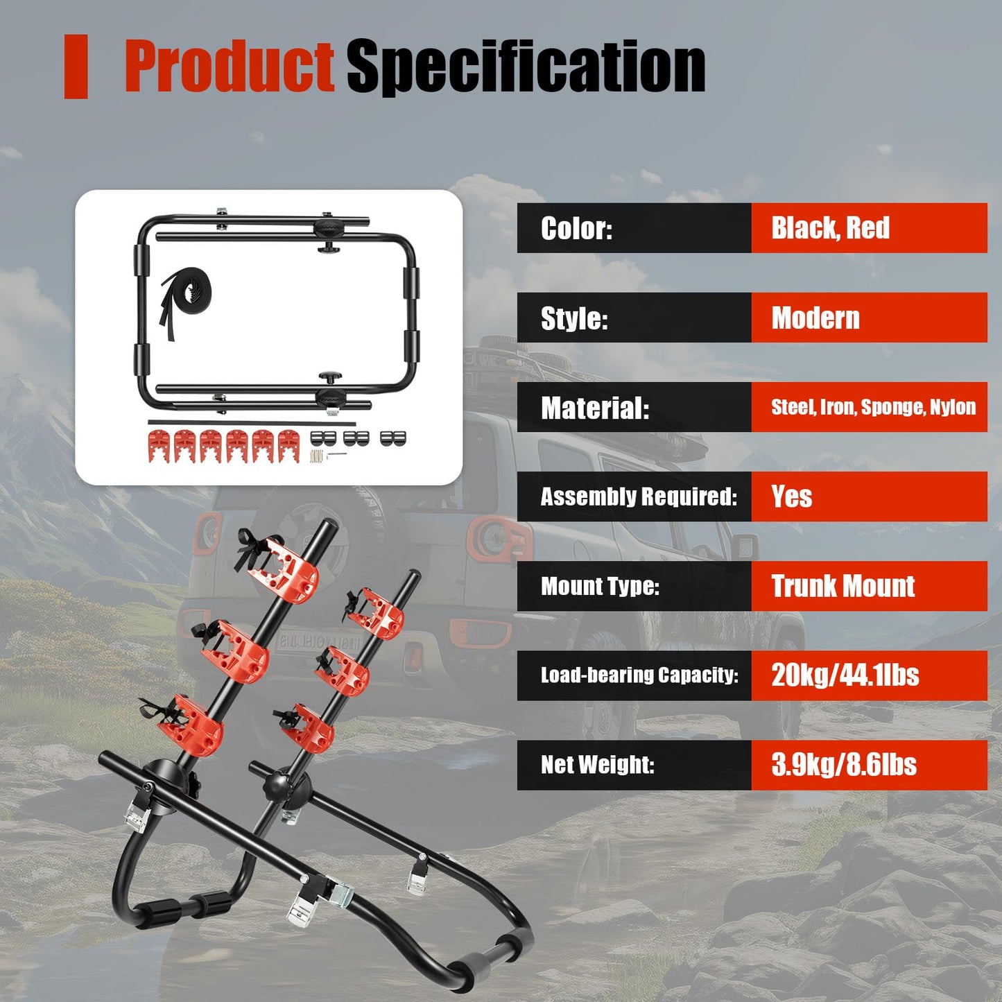 3 Bike Rack Bicycle Carrier Racks, Foldable 3-Bike Carrier Rack Trunk Mount Bike Carrier Holder with Fixed Strap, for Sedan Hatchback Minivan Car SUV Trunk Mount Bicycle Carrier Holder Bike Rack