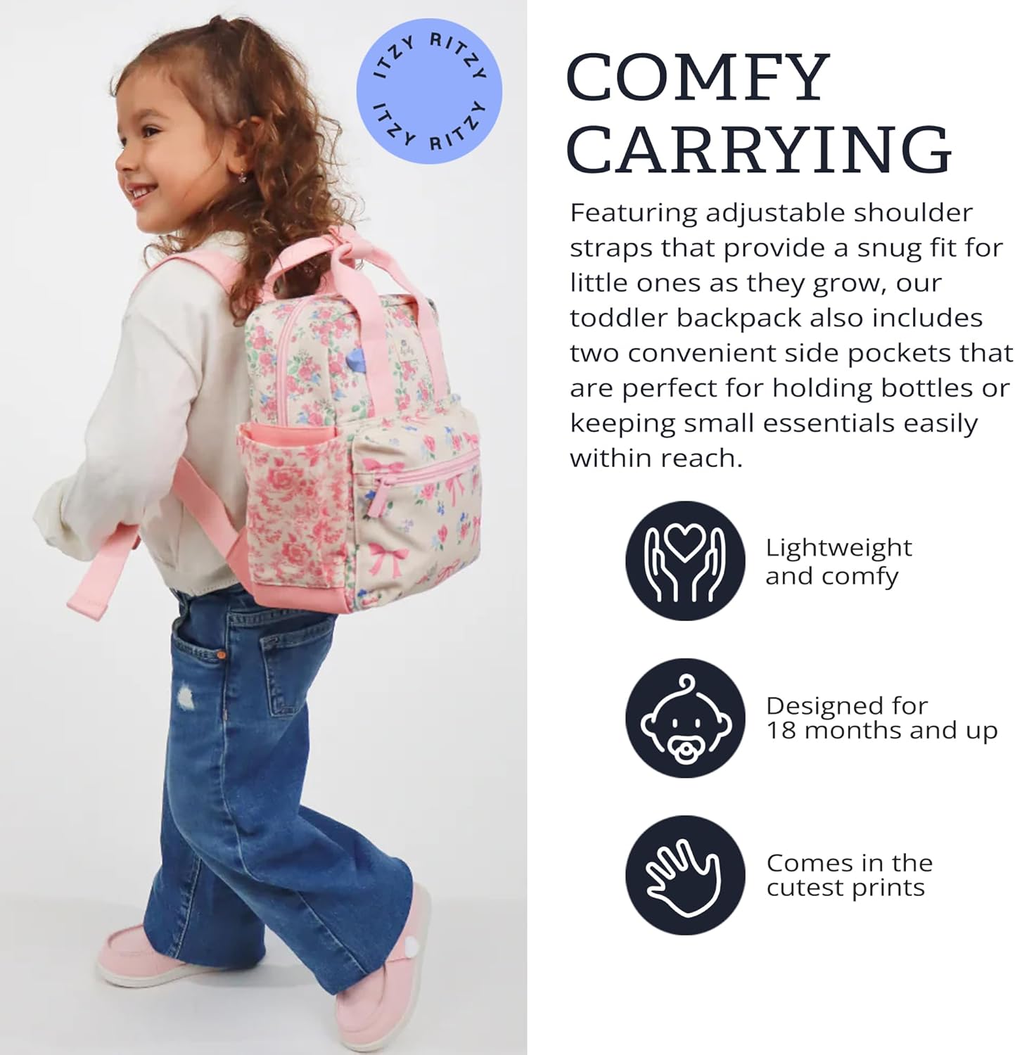 Itzy Ritzy Toddler Backpack - Daycare Bag - Features Adjustable Shoulder Straps, 2 Side Pockets & Spacious Interior with Wipeable Fabric Lining & Name Label, Strawberry Backpack
