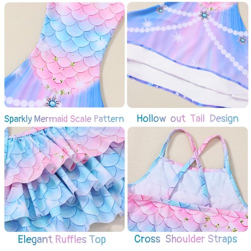 Mermaid Swimming Sets Kids Bathing Suits Girls 3PCS Ruffle Top Bikini Bottoms Fish Tail Beach Pool Swimwear Girls Swimsuits Size 6 7 Colorful