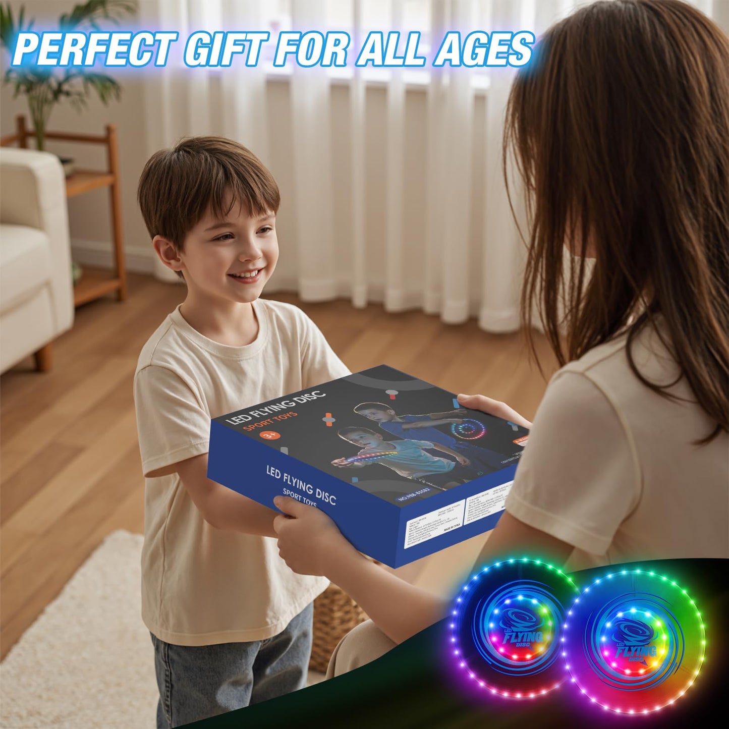 HYES 2 Pack Light up Flying Discs for Kids, 45 LEDs, 14 Lighting Modes, Rechargeable Glow in The Dark Flying Ring for Beach, Summer Camping, Outdoor Game, Sport Toys Gift for Teens Boys Adult