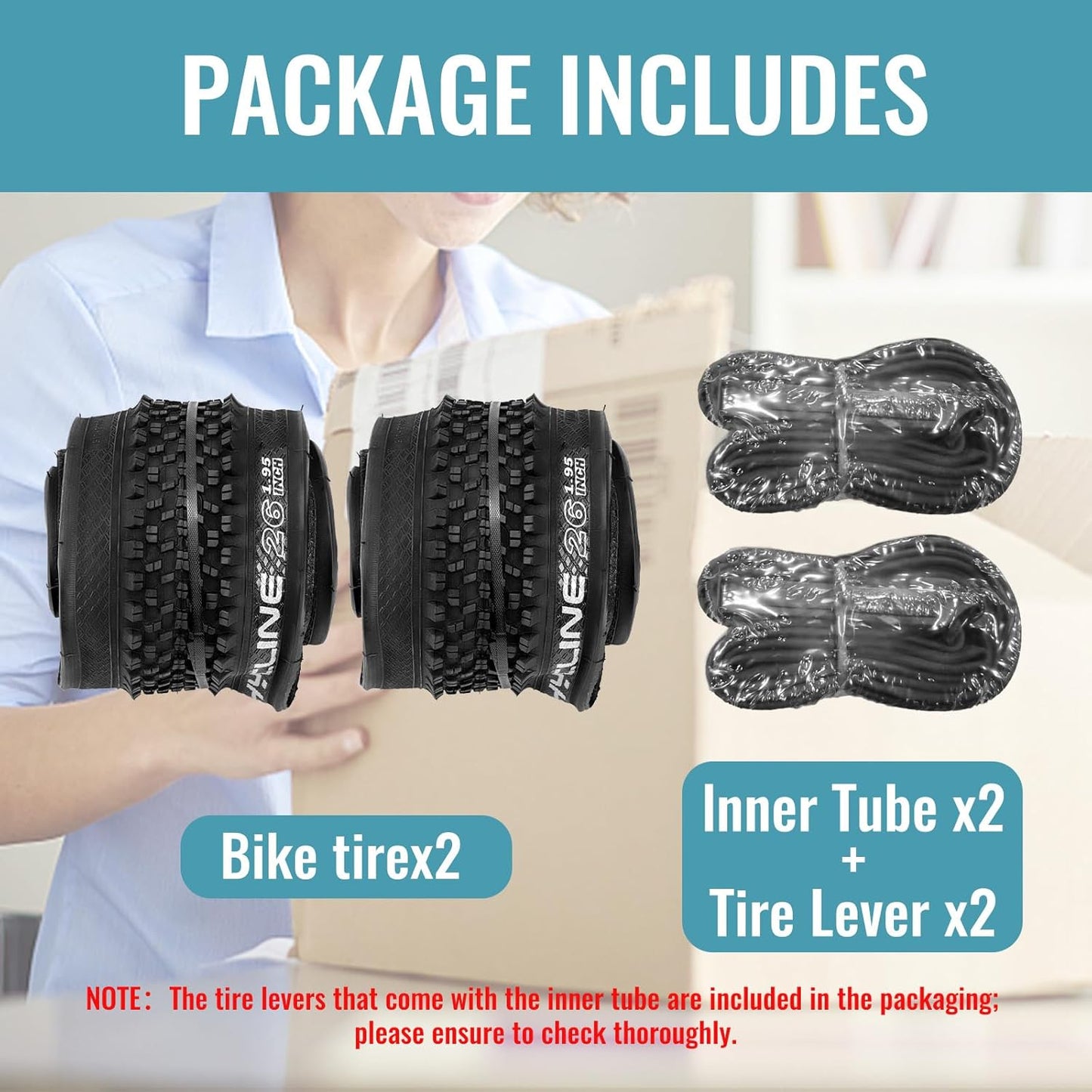 Hycline 2-Pack Mountain Bike Tires Set: 20/24/26/27.5-inch Folding Replacement Puncture-Resistant Bicycle Tires and Pair 20/24/26/27.5-inch Inner Tubes with Tire Levers for MTB Off-Road Bike