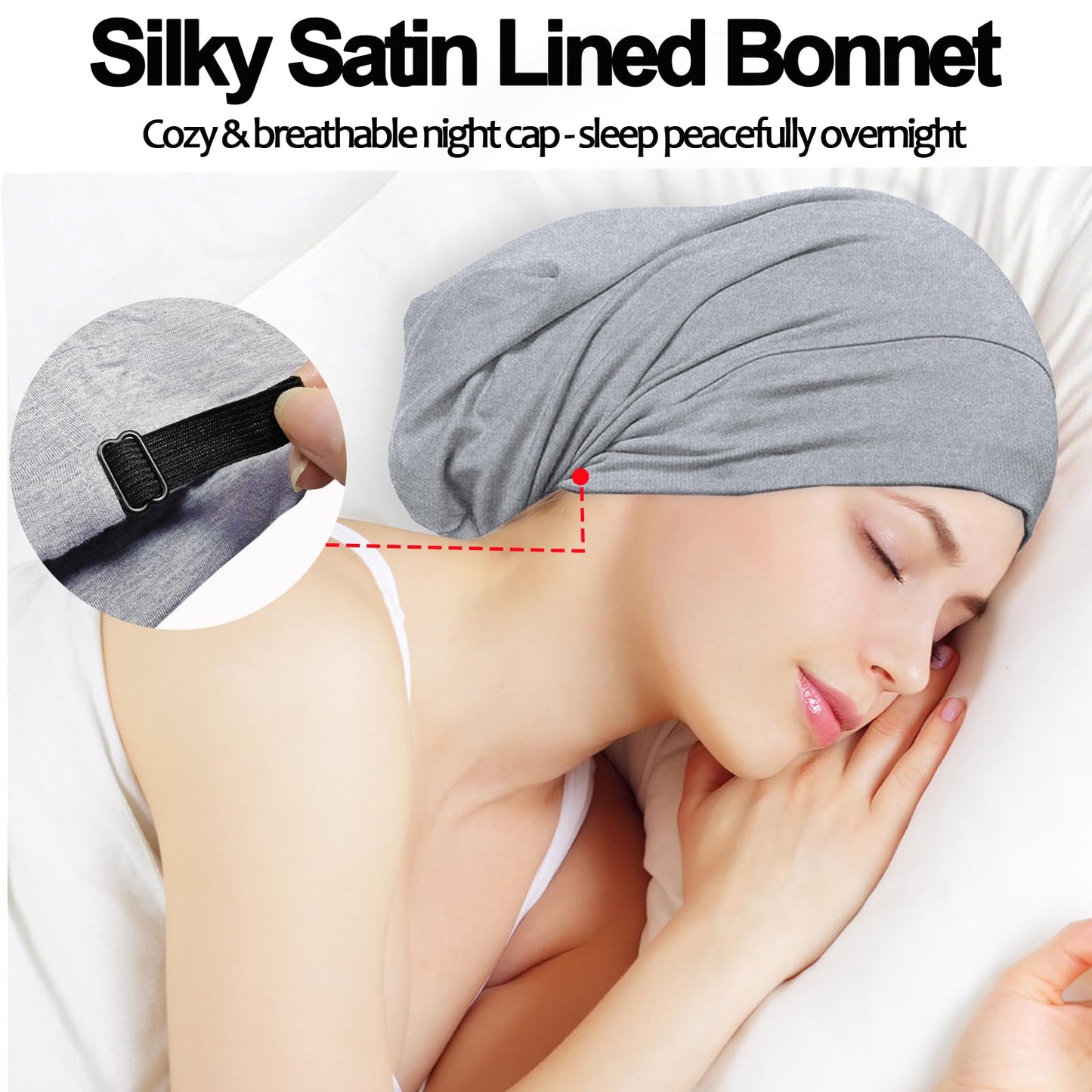 2PCS Satin Bonnet for Sleeping Night Cap, Adjustable Satin Lined Silk Bonnets Sleep Cap for Curly Hair Braids Beanie Black Women