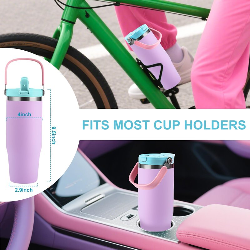 Winscj 32 oz Tumbler with Handle and Flip Straw,Keep Cold or Hot,Fits in Cup Holder,Reusable Leak Proof Stainless Steel Vacuum Water Bottle,Suitable for Home Gym Trave, Easy to Carry(Purple)