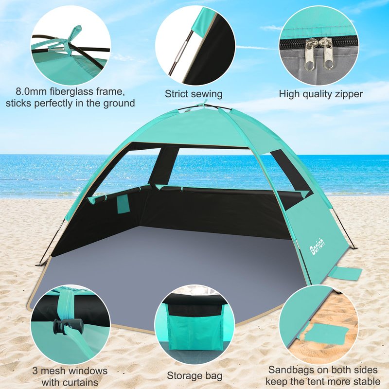 Gorich Beach Tent Sun Shelter for 3/4/6/8/10 Person with UPF 50+ UV Protection, Lightweight & Easy Setup Beach Shade Canopy, Portable Beach Shade Tent Beach Cabana